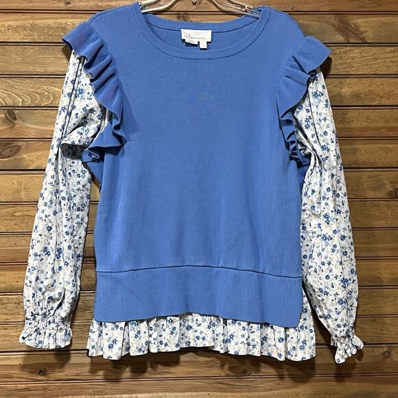 By Anthropologie Flutter Sleeve Layered Sweater Blue Floral Women’s Size 1X Boho - Picture 1 of 14